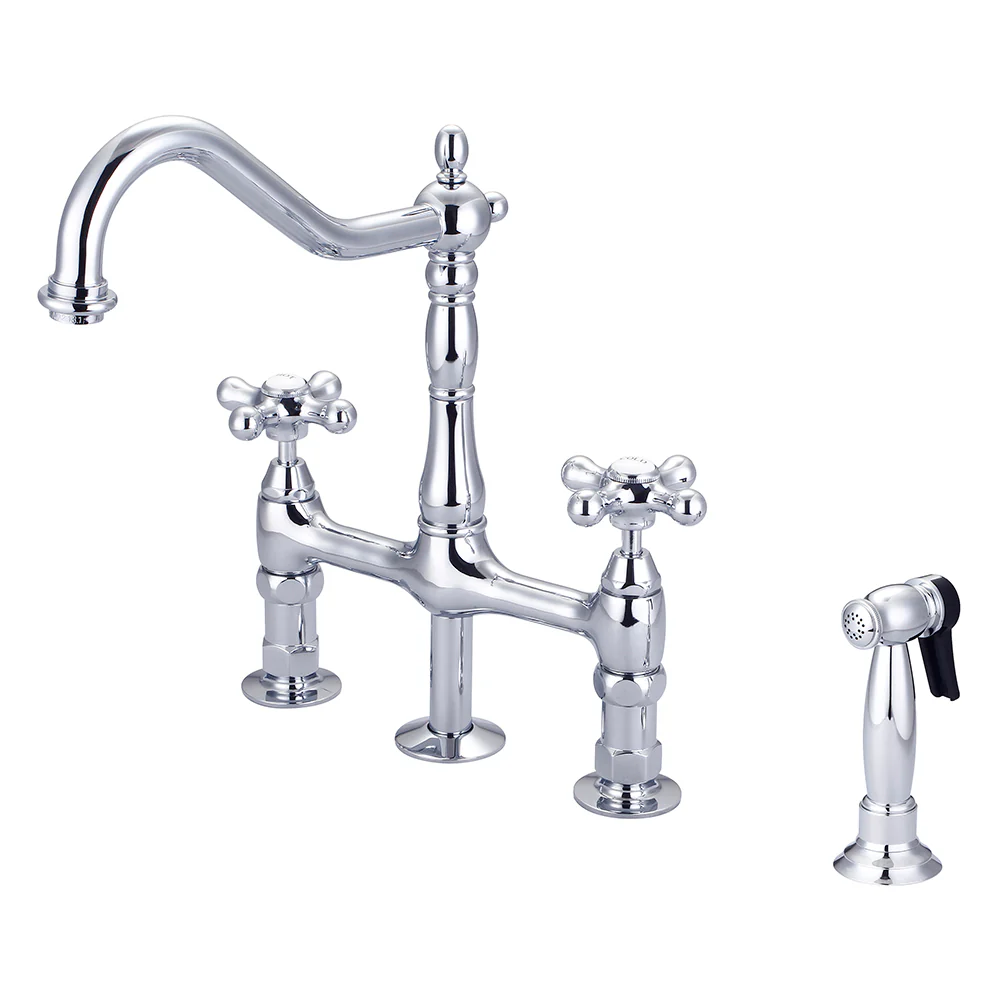Emral Kitchen Bridge Faucet with Metal Button Cross Handles - Image 3